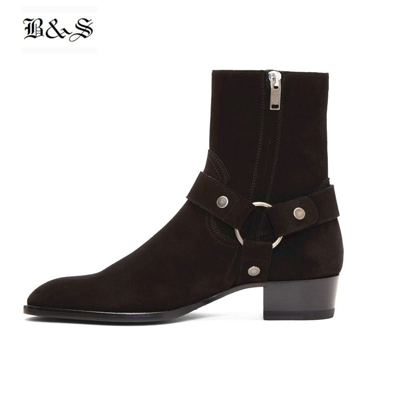 Black&amp; Street High Top Handmade Wyatt Harry Buckle Ring Strap Men Chelsea Boots Wedge Leather Denim Banquet Harness Boots