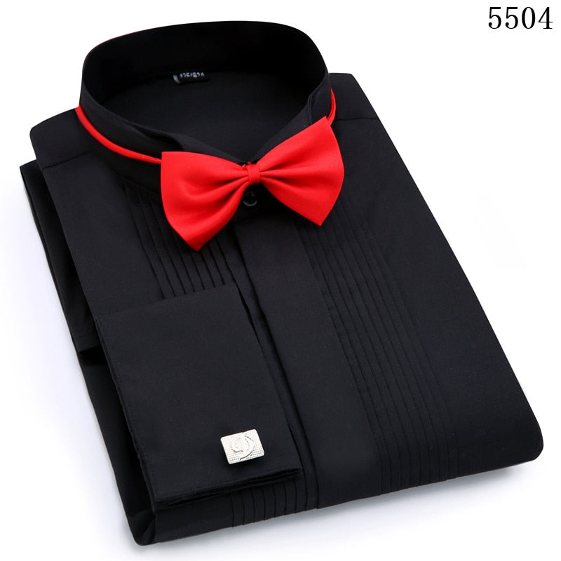 Men Wedding Tuxedo Long Sleeve Dress Shirts French Cufflinks Swallowtail Fold Dark Button Design Gentleman Shirt White Red Black