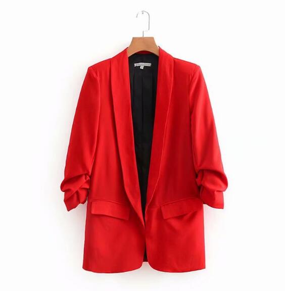 Chic Candy Solid Color Ruched Cuff Mid Long Blazer With Lining Woman Shawl Collar Slim fit Suit Casual Jacket Coat Outerwear