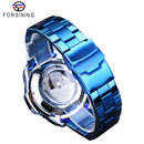 Forsining Mens Automatic Watch Blue Steel Band Calendar 3 Sub Dial Wristwatch Mechanical Waterproof Male Clock Relogio Masculino