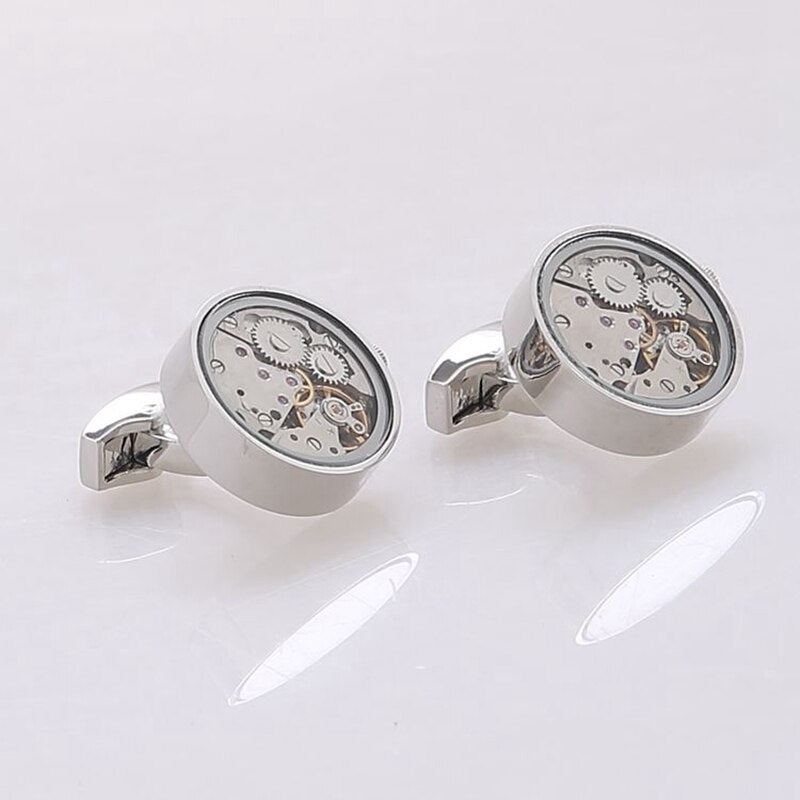 Hot Sale Men Immovable Watch Cufflinks Round Stainless Steel Steampunk Gear Watch Movement Cuff links With Glass Suits Wedding