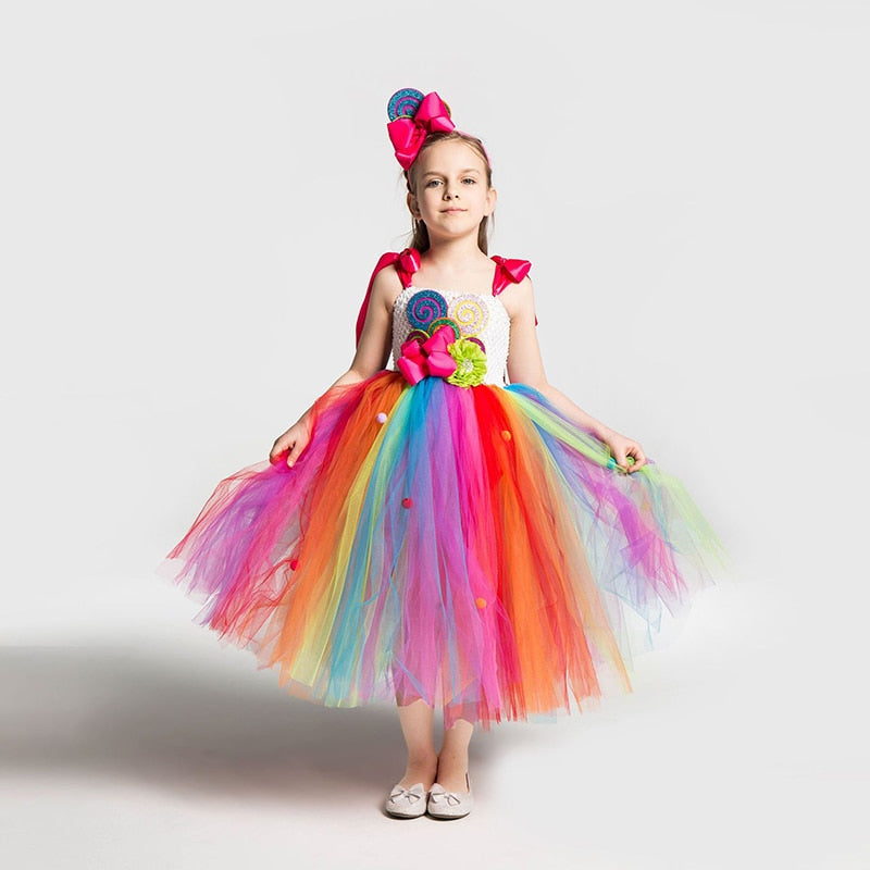 Vestido de caramelo de arco iris para niñas, vestido de modelado de piruleta para niños, disfraces de actuación para niñas, ropa de fiesta de cumpleaños para niños de verano