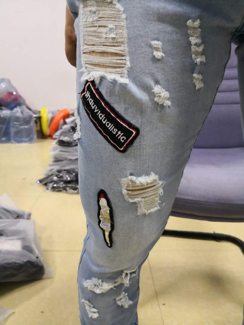 Fashion New Male hole badge embroidery denim trousers pants Men&