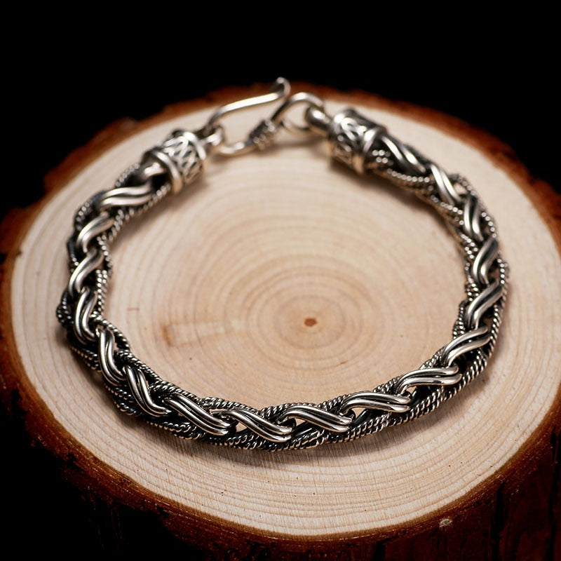 Pulsera trenzada de cuerda de plata 925 para hombre, pulsera de plata de ley 100% Vintage tailandesa a la moda Punk, brazalete, joyería hecha a mano para hombre