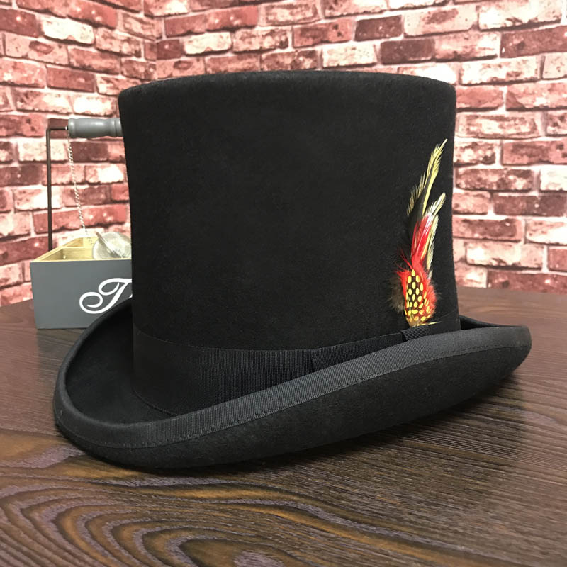 Schwarzer Herren-Fedora-Hut aus Wolle, flacher Hutmacher-Zylinder, traditioneller Präsidenten-Partyhut, Steampunk-Zauberhut mit Feder