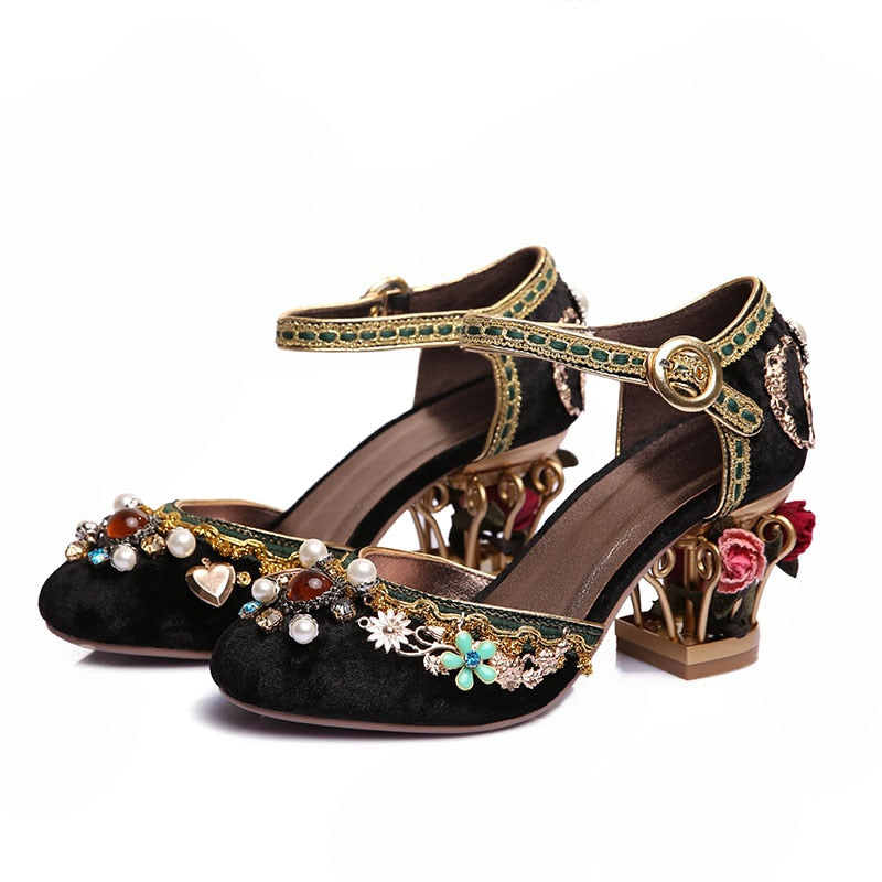 Phoentin velvet ankle strap Chinese wedding shoes women crystal buckle pearl rhinestone flower decoration mary jane shoe FT267