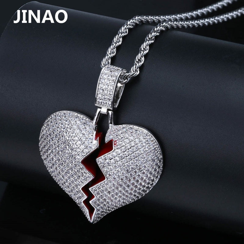 JINAO Mode Gebrochenes Herz Iced Out Kette Anhänger Halskette Statement Gold Farbe Kubikzirkon Halskette Hip Hop Herren Schmuck Geschenk