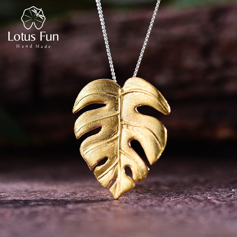 Lotus Fun Real 925 Sterling Silver Handmade Fine Jewelry 18K Gold Monstera Leaves Design Pendant without Necklace for Women Gift