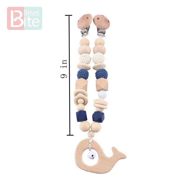 Bite Bites 1set Baby Wooden Teether Pacifier Clip Chain Beech Rodent Ring Baby Nursing Rattle Food Grade Perle Silicone Bead Toy