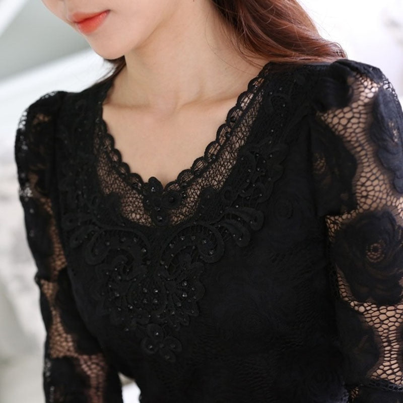 6XL Hollow Out Lace Blouse Elegant Shirt Ladies Tops Crochet Long Sleeve Embroidery Patchwork Women Blouses Tops White DF2753