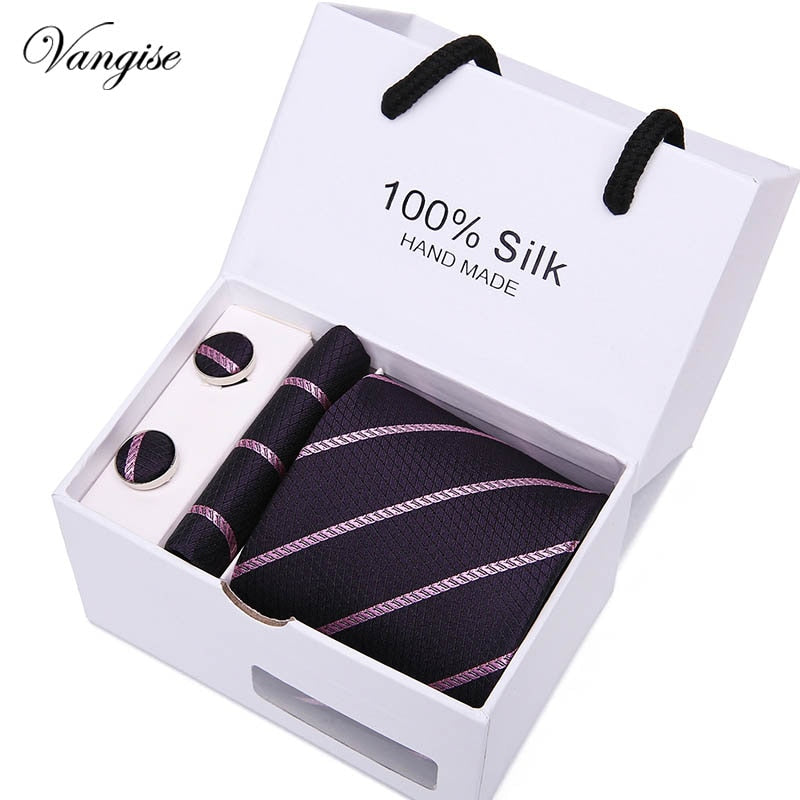 New Design Tie Set With Gift Box Jacquard Woven gravata Silk Tie Hanky Cufflinks Necktie Sets For Wedding Party Men