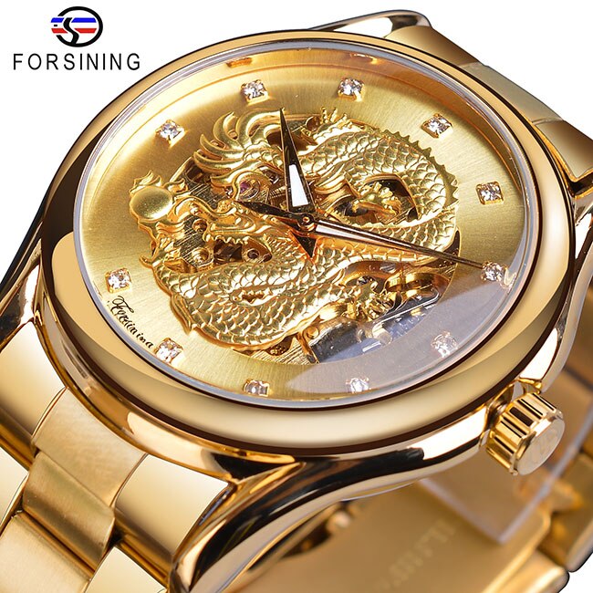 Forsining Classic Dragon Design Silver Acero inoxidable Diamond Display Hombres Relojes de pulsera automáticos Top Brand Luxury Montre Homme