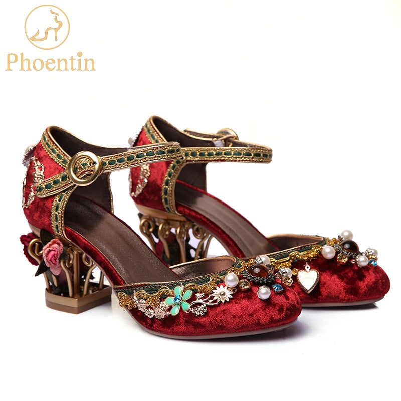 Phoentin terciopelo tobillo correa zapatos de boda chinos mujeres cristal hebilla perla rhinestone flor decoración mary jane zapato FT267