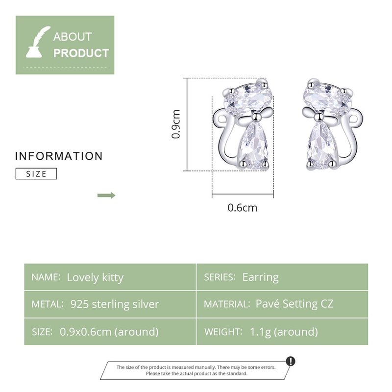 Bamoer Cat Silver Stud Pendientes Plata de ley 925 Clear CZ Lindo Animal Ohrringe Hipoalergénico Mujer Regalo Brincos BSE206