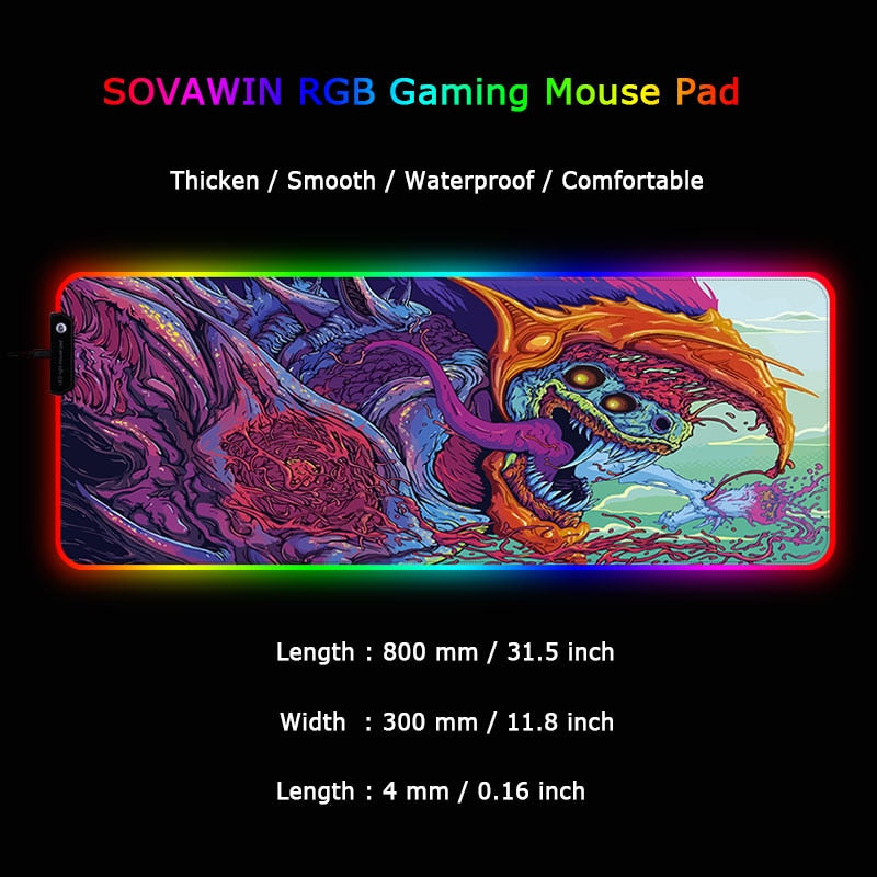 Sovawin Gaming Mauspad RGB Hintergrundbeleuchtung Matte 900x400 Gamer XXL Computer Mousepad CS GO Hyper Beast Rutschfeste Gummi Schreibtischunterlage für PC