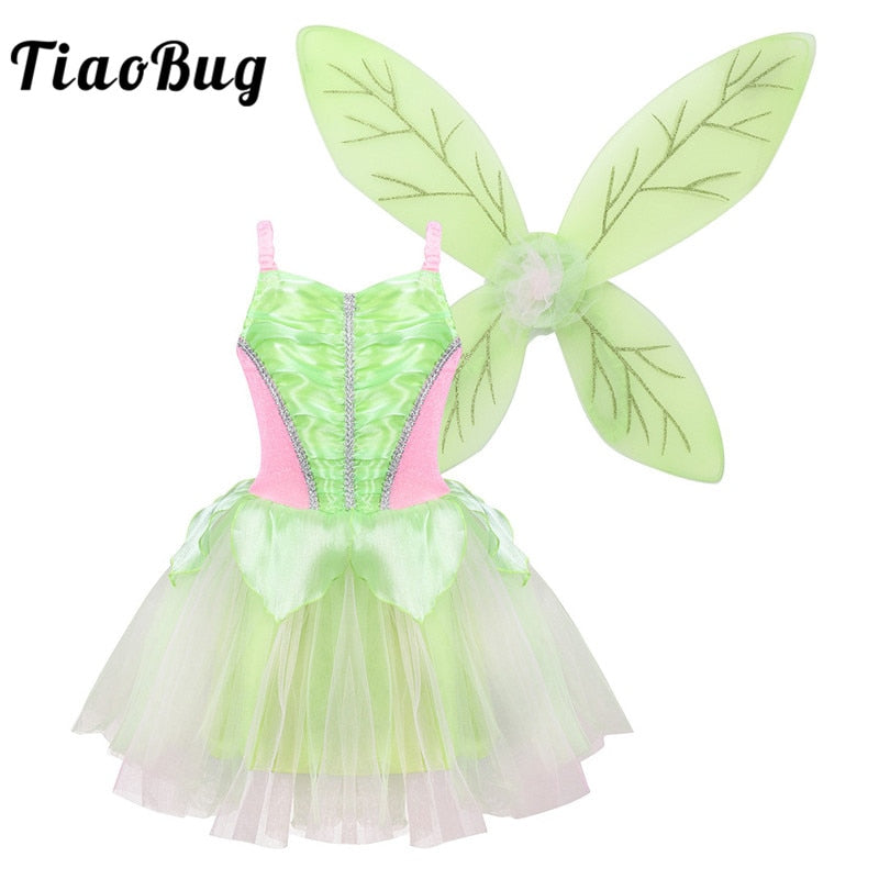 TiaoBug, disfraz de hada y princesa para niñas, vestido de malla sin mangas, conjunto de alas brillantes, disfraz de Halloween para niños, vestido de fiesta