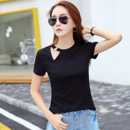 2022Summer Fashion Women T Shirt Hollow Solid Color O-neck Short Sleeved Short Shirt Women Casual Tops Clothing Korean Style