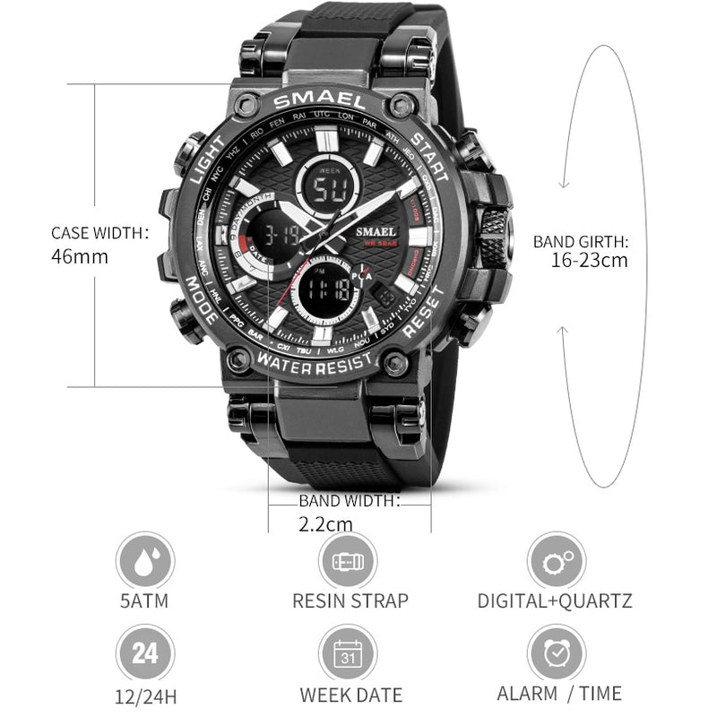 SMAEL Men Sport Watches Digital Double Time Chronograph Watch Mens LED Chronometre Week Display Wristwatches montre homme Hour