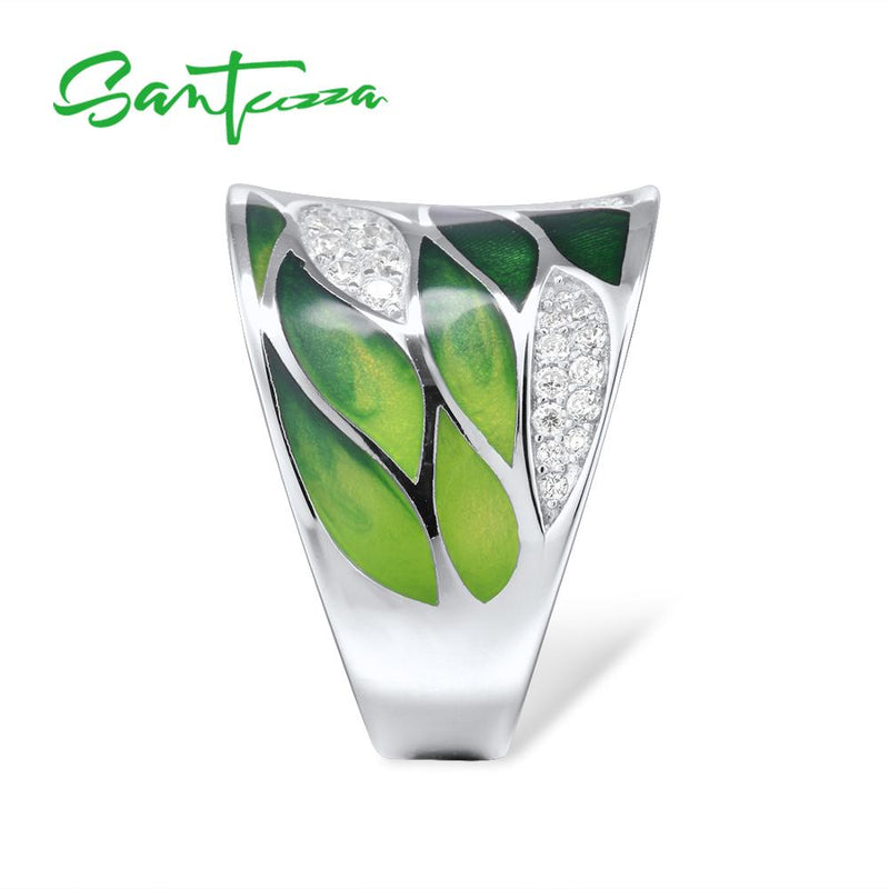 SANTUZZA Silver Rings For Women Genuine 925 Sterling Silver Green Bamboo leaves Luminous CZ Trendy Jewelry Handmade Enamel