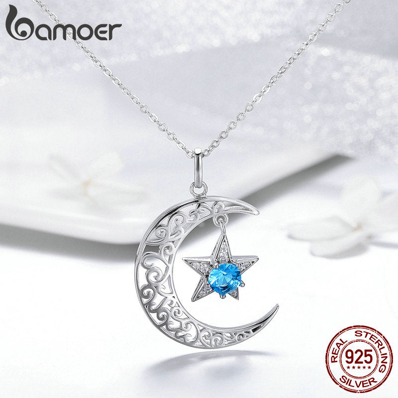 BAMOER, collares románticos de Plata de Ley 925 con luna brillante y estrella, colgantes para mujer, collar de moda, regalo de joyería SCN278