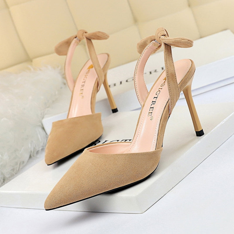 Korean fashion slim heel, super high heel, suede, shallow, pointed, hollowed-out, small bow-tied sandals