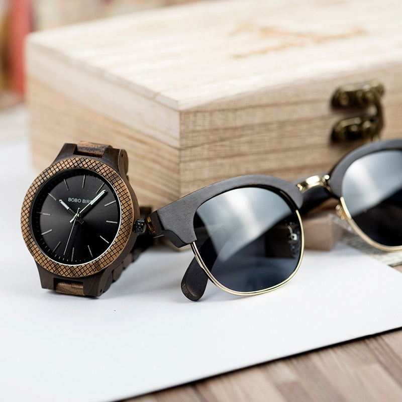 BOBO BIRD, reloj para hombre, conjunto de gafas de sol, relojes de madera, movimiento japonés, relojes de cuarzo, gran regalo para hombre, reloj para hombre
