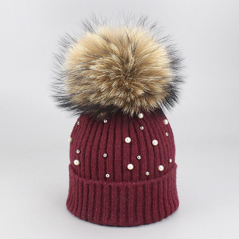 New Wool Beanies Women Real Natural Fur Pom Poms Fashion Pearl Knitted Hat Girls Female Beanie Cap Pompom Winter Hats for Women