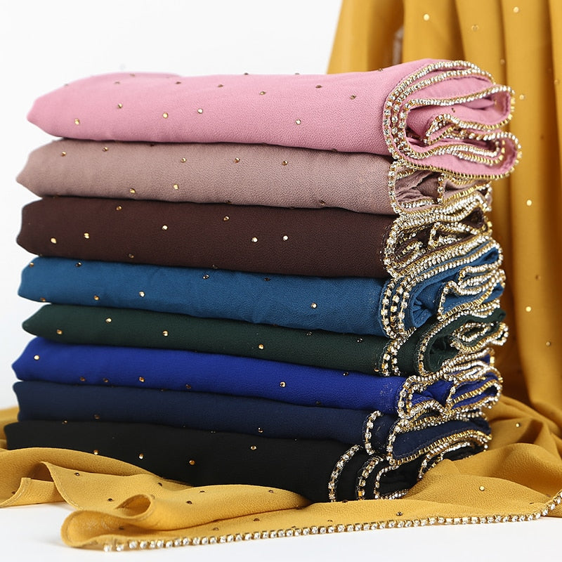 1 pc New Arrival plain bling bubble chiffon hijab scarf shimmer with crystal chain edged scarf muslim scarves hijabs