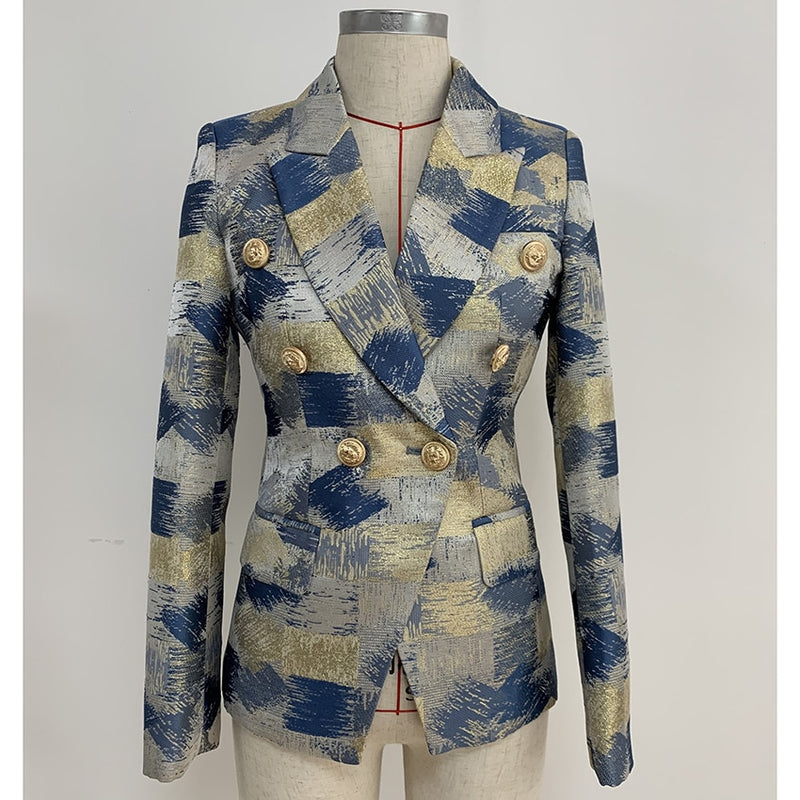 HOCHWERTIGE neue Art und Weise 2022 Designer-Blazer-Jacken-Frauen Löwe-Metallknöpfe zweireihige Farben, die Jacquard-Blazer malen