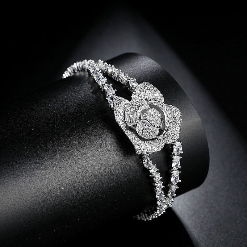 LUOTEEMI Luxury Big Rose Flower 17/19CM Bracelet for Women Ladies Shining AAA Cubic Zircon Fashion Crystal Jewelry Gift Bangles