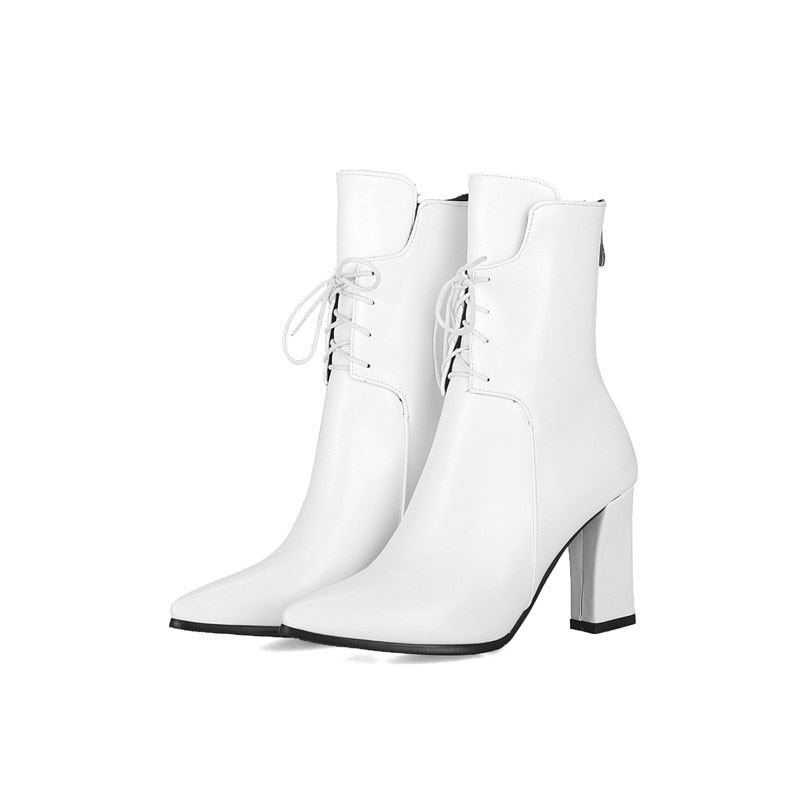 Nuevas botas de mujer, botines de cuero, botas de tacón alto cuadrado con cordones a la moda, zapatos de talla grande para Otoño e Invierno 2019