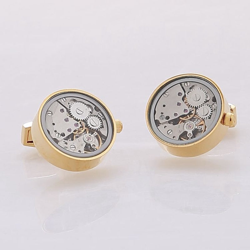 Hot Sale Men Immovable Watch Cufflinks Round Stainless Steel Steampunk Gear Watch Movement Cuff links With Glass Suits Wedding
