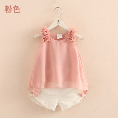 2023 Casual Cute 2 3-4 6 8 10 Years Solid Color Bow Flower Sleeveless T-shirt+Shorts 2 Pcs Baby Kids Girls Summer Clothing Set