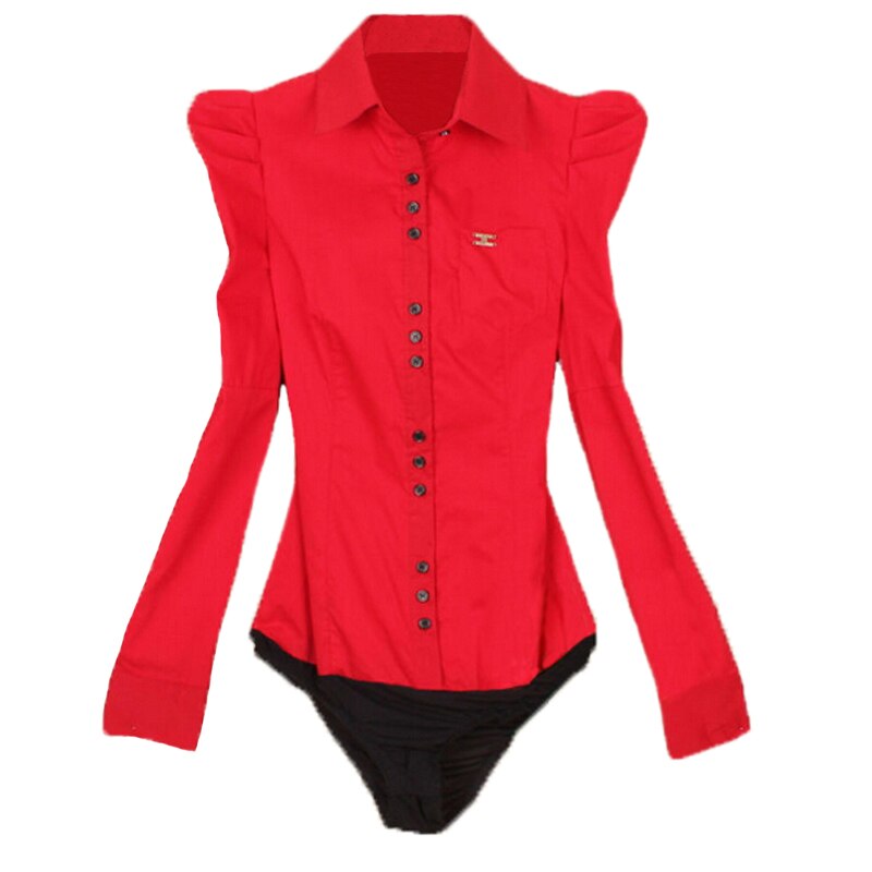 Neue Mode Elegant Langarm Baumwolle OL Body Shirt Büro Damen Bodysuit Button Design Dunkelblau Weiß Rot S-3XL Plus Größe