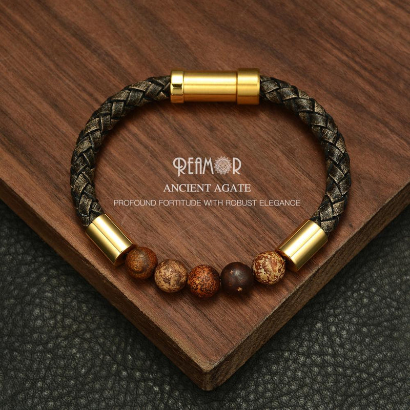 REAMOR, pulseras de cuero trenzado con piedra Natural verde y negro para hombre, Color dorado, acero inoxidable 316L, brazalete con cierre integrado, joyería