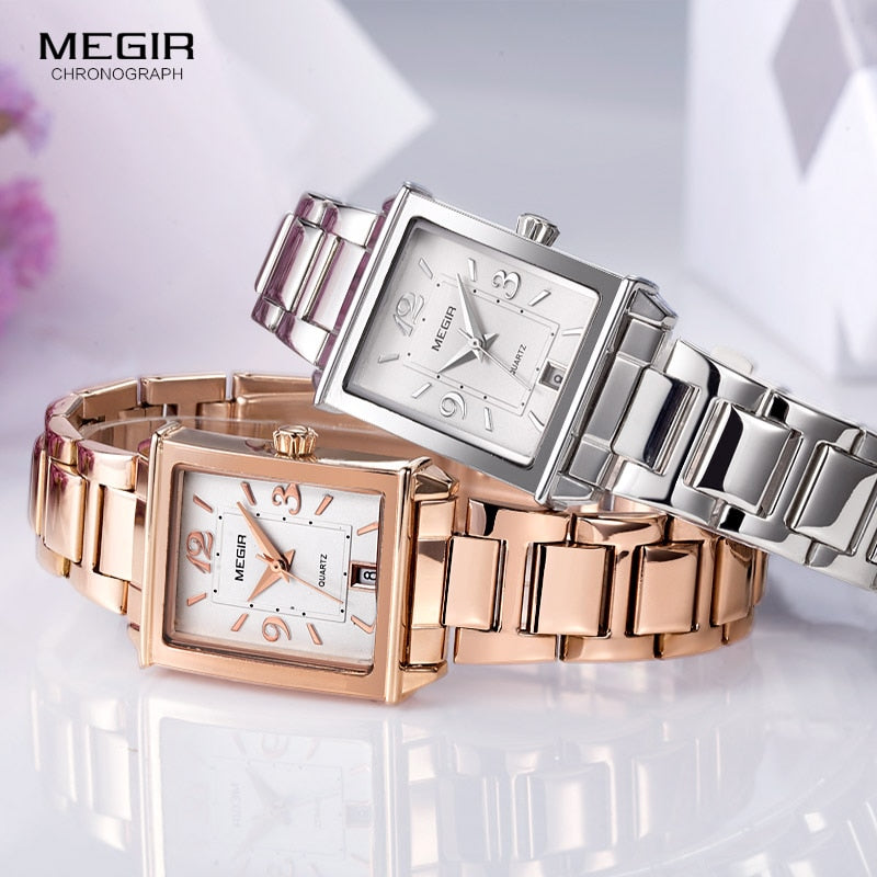 Megir Womens Simple Stainless Steel Quartz Watch with Calendar Date display Fashion Waterproof Dress Wrist Watch for Ladies1079L