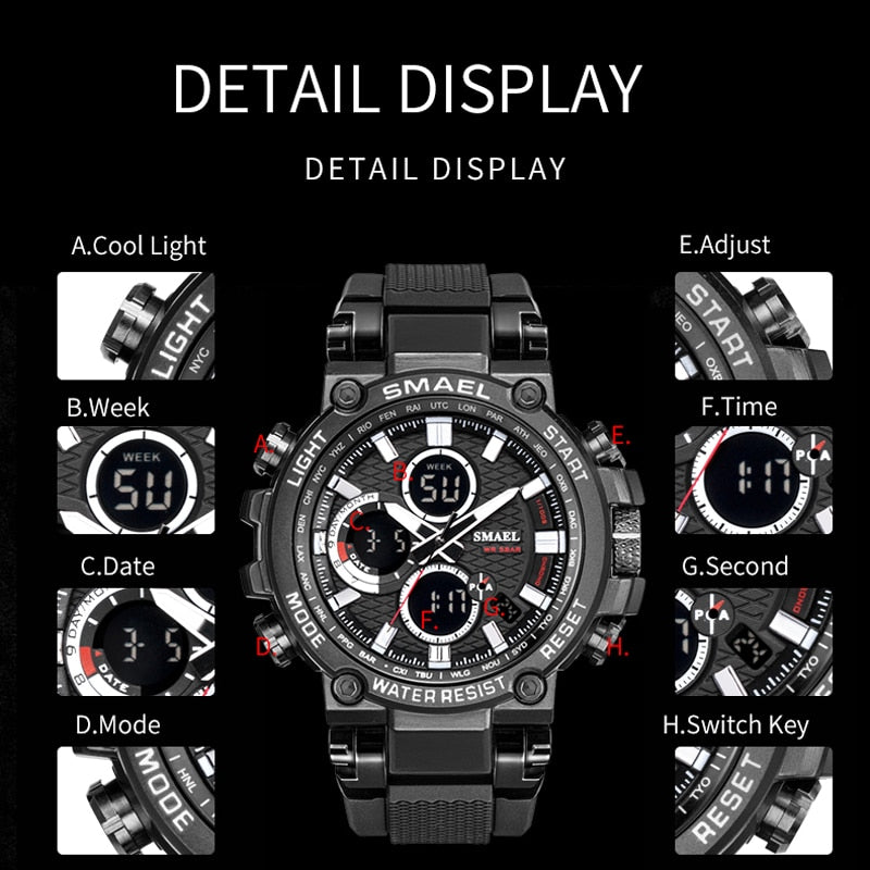 SMAEL Men Sport Watches Digital Double Time Chronograph Watch Mens LED Chronometre Week Display Wristwatches montre homme Hour