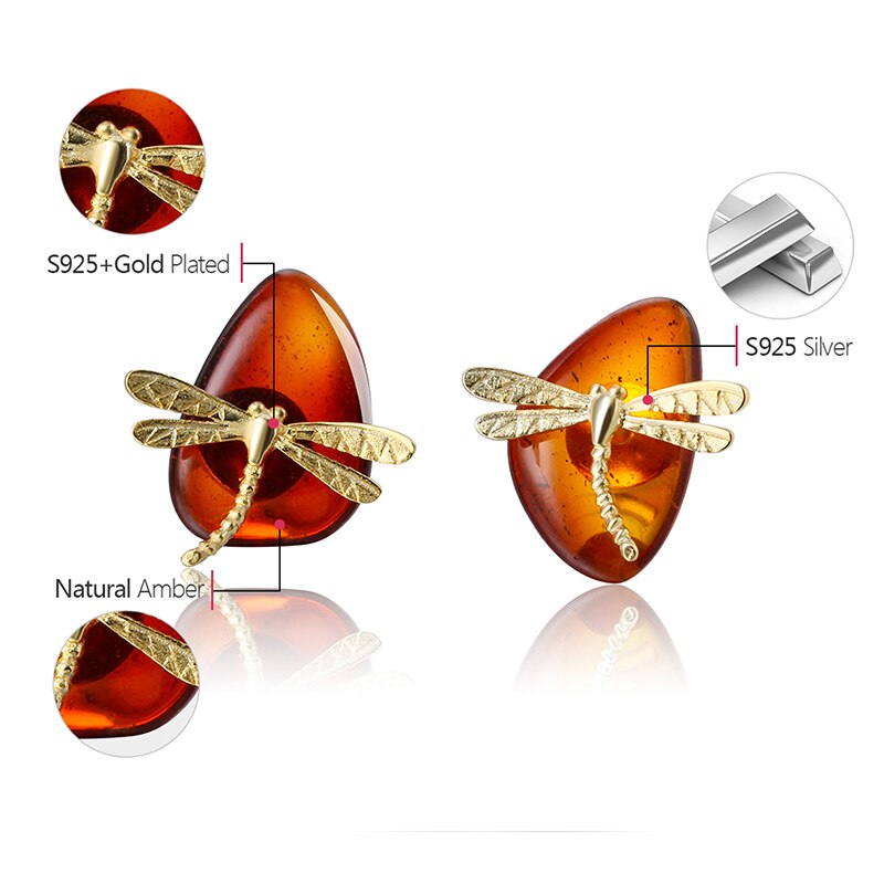 Lotus Fun Real 925 Sterling Silver Natural Amber Handmade Fine Jewelry 18K Gold Cute Dragonfly Stud Earrings for Women Brincos