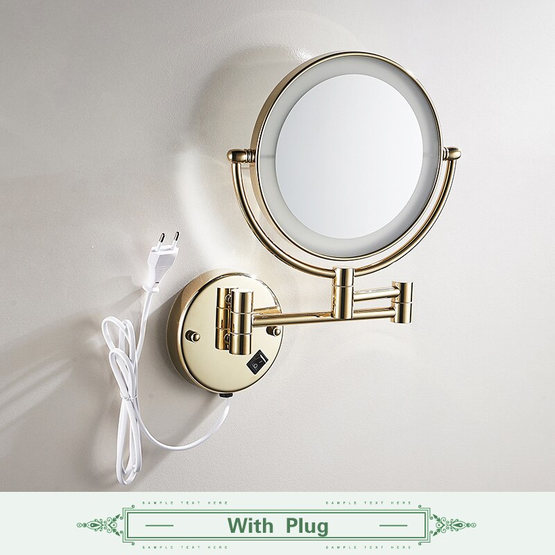 Golden Brass LED Light Makeup Mirrors 8" Round Dual Sides 3X /1X Mirrors Bathroom Cosmetic Mirror Wall Mount Magnifying Mirror