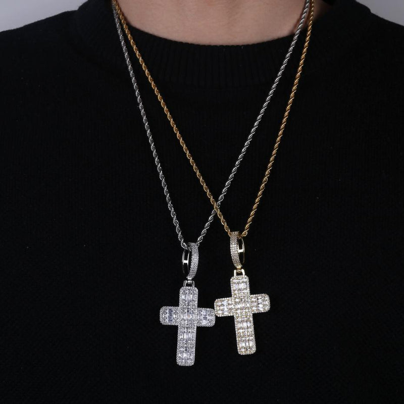 Quality Iced Out Asscher Cut Cross Pendant Necklace Mens/Women Micro Paved Hip Hop Gold Silver Color Bling Charm Chains Jewelry