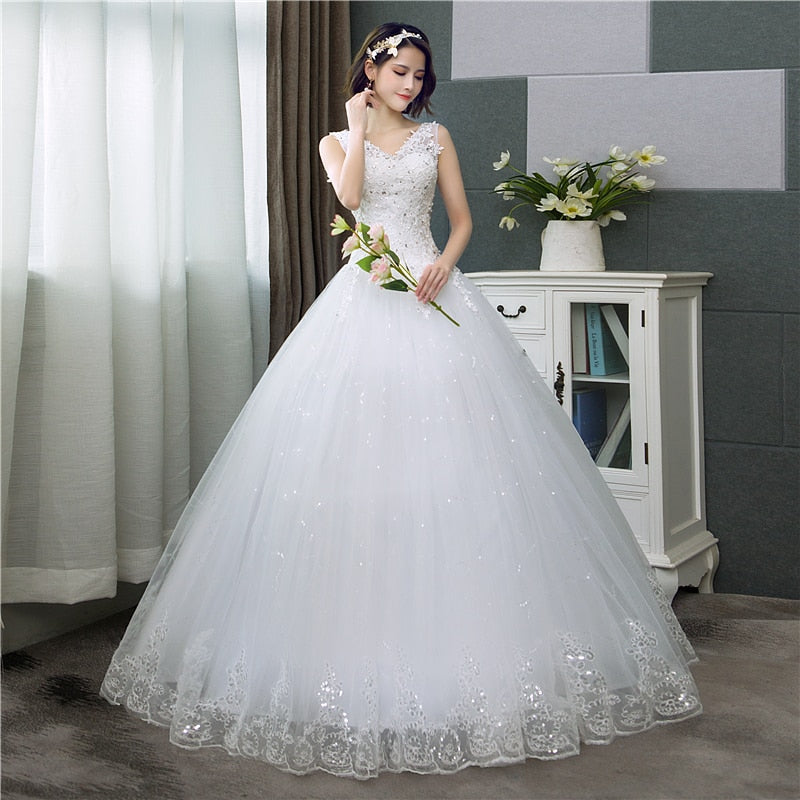 Cheap Korean Style V-Neck Lace Tank Sleeveless Floral Print Ball Gown Wedding Dress 2022 New Fashion Simple estidos de noivas CC