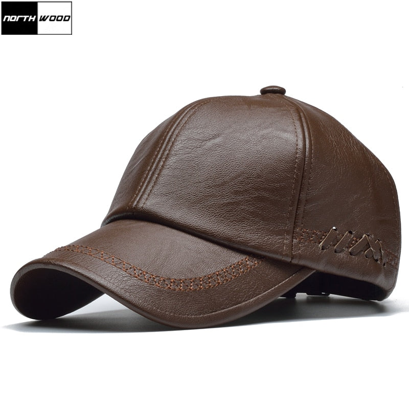 [NORTHWOOD] High Quality Leather Cap for Men Solid Winter Pu Leather Baseball Caps Brand Snapback Hat Bone Masculino Fitted hats