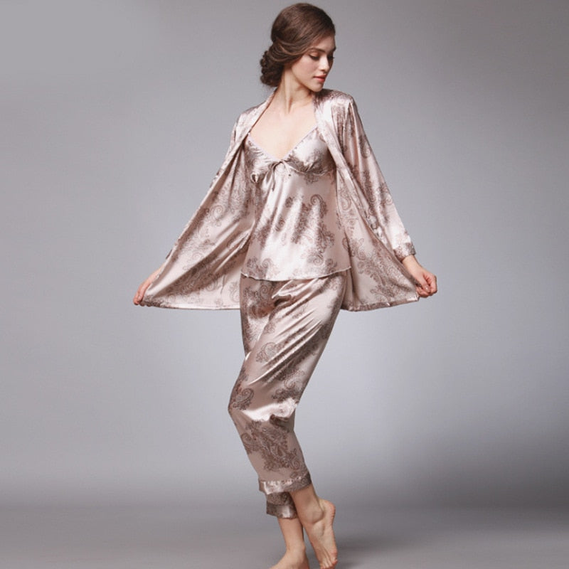 SSH008 Women Satin Silk Pajama Set Female 3pcs Full Sleeves Sleepwear Loungewear Women Nightgown Spring Autumn Nightwear Pajamas