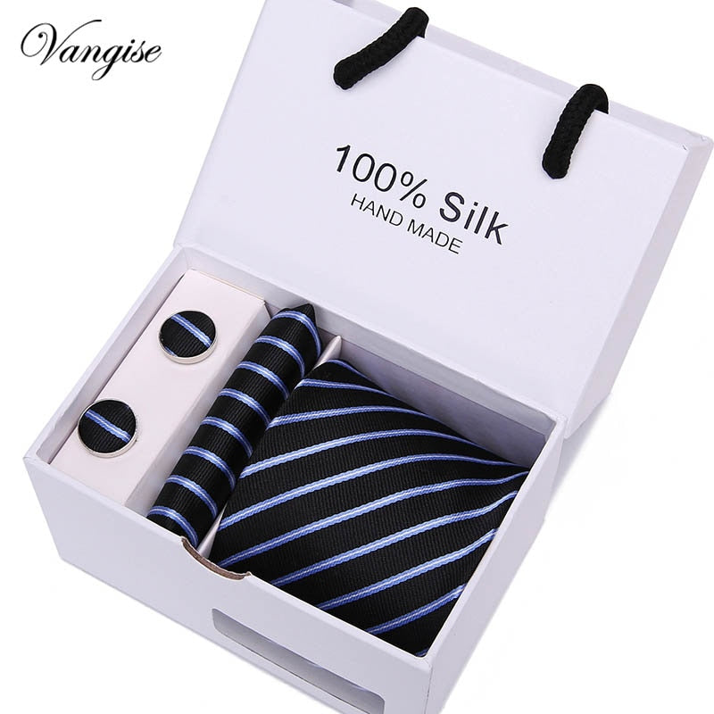 New Design Tie Set With Gift Box Jacquard Woven gravata Silk Tie Hanky Cufflinks Necktie Sets For Wedding Party Men