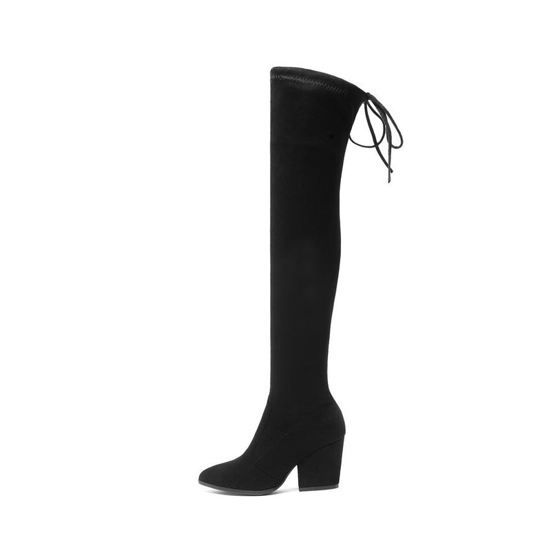 QUTAA 2021, zapatos de mujer, botas por encima de la rodilla, puntiagudos, zapatos de Otoño Invierno para mujer, tacones con pezuña, botas aterciopeladas para mujer, talla 34-43