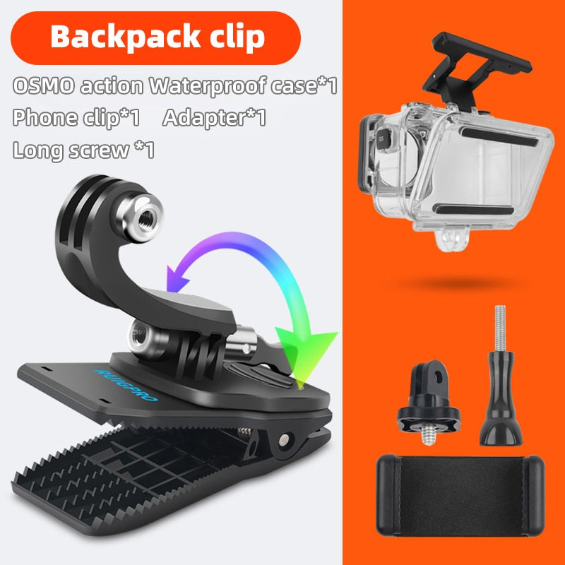 for Go Pro Accessories 360-Degree Rotation backpack bag Clip clamp For GoPro Hero11 10 9 8 7 6 5Xiaomi yi for SJCAM SJ4000 Phone