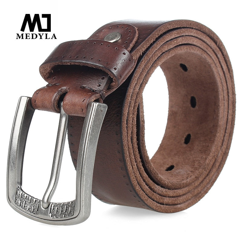 MEDYLA, marca de moda, cinturón de cuero genuino para hombres, hebilla de aleación de alta calidad, cinturones largos informales marrones Retro de 105cm a 150cm, triangulación de envíos