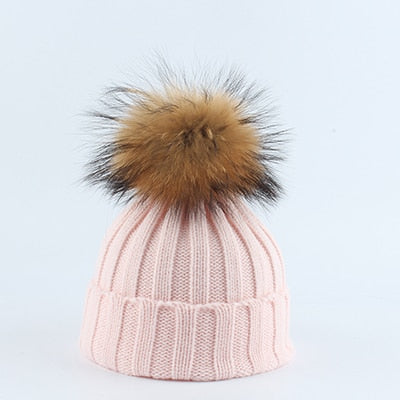 Gorro con pompón de piel auténtica para niños, gorro de punto cálido y bufanda, gorro de invierno para niños y niñas