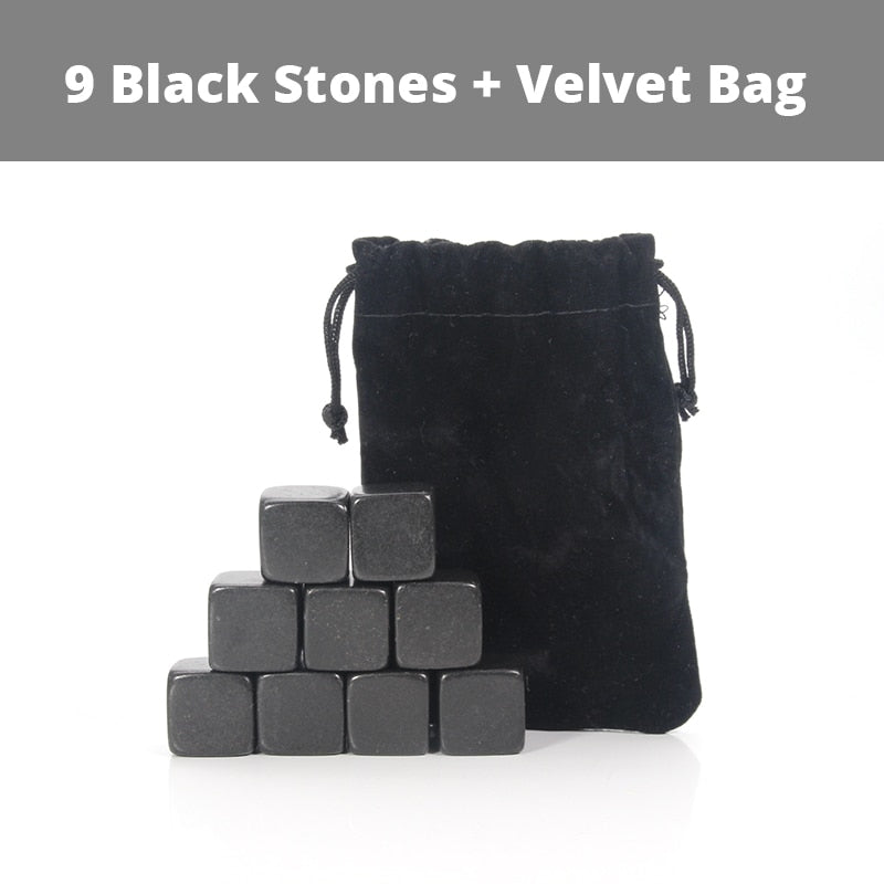 Whiskey Stones Set - 9 Granite Whiskey Rocks / Wooden Box / Velvet Bag / Reusable Cooling Ice Cubes