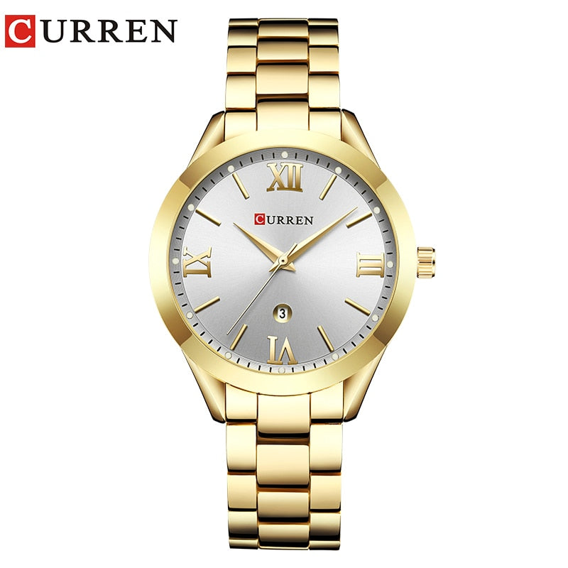 CURREN Marke Frauen Stahl Uhr Damen Luxus Kleid Mode Quarz Armbanduhr Klassische Kristall Gold Armband Frauen Uhr Uhr